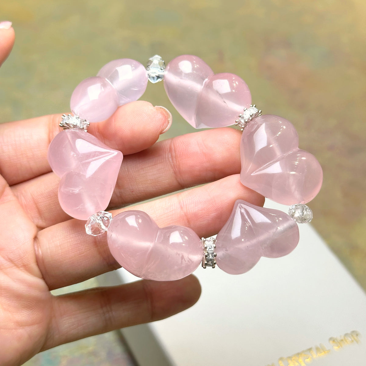 Heart Shape Rose Quartz Bracelet 心形星光粉晶手串 | 手串 bracelet | 側面角度 side angle