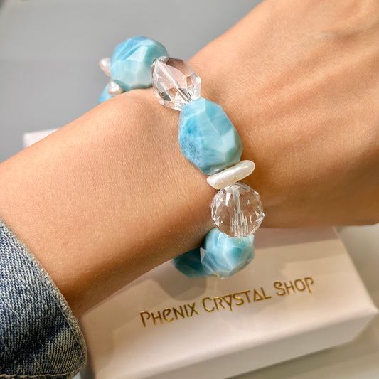 HUGE Larimar x Pearl x Clear Quartz Designer Bracelet 巨型海紋石淡水珍珠白水晶設計手串 | 手串 bracelet | 正面圖 front view