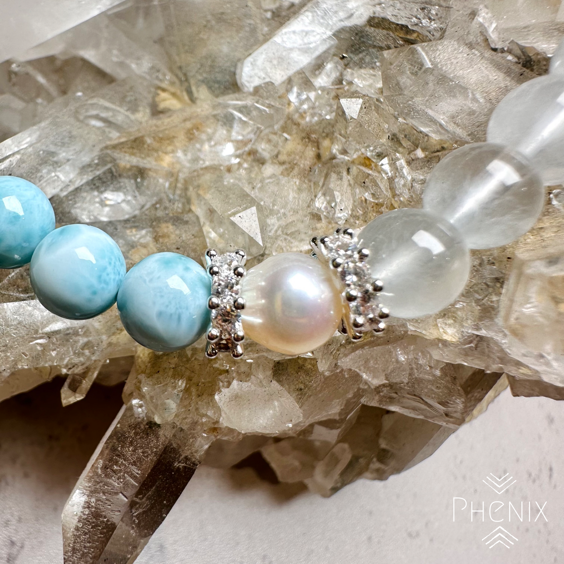 Larimar x Blue Rutilated Quartz x Pearl | 原礦 raw-crystal | 細節特寫 close up detail