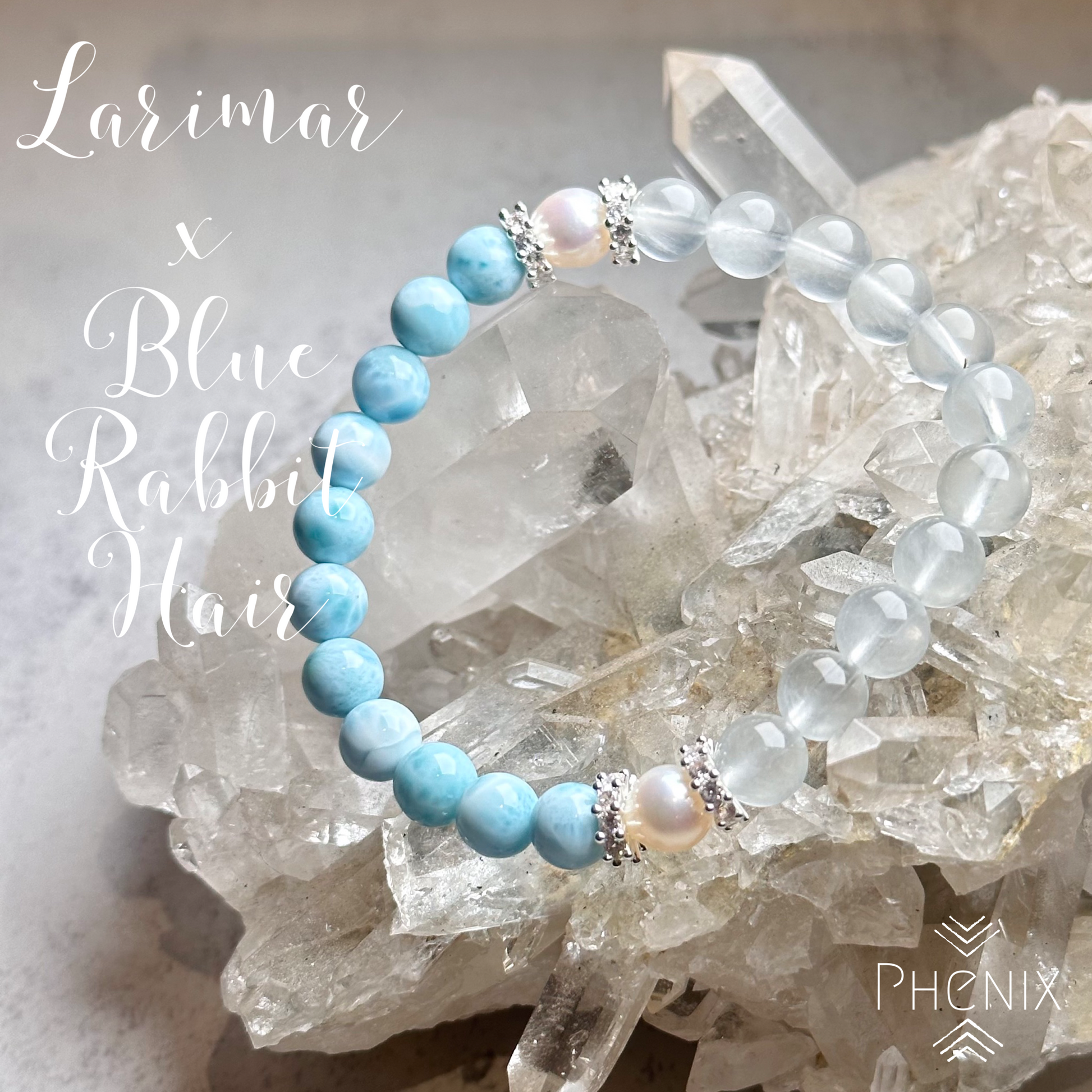 Larimar x Blue Rutilated Quartz x Pearl | 原礦 raw-crystal | 正面圖 front view