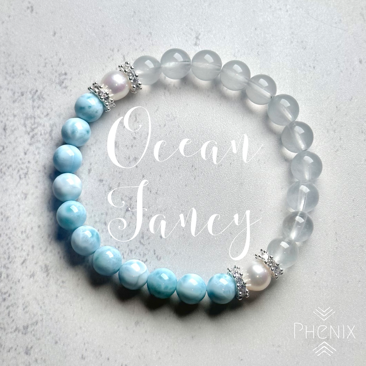 Larimar x Blue Rutilated Quartz x Pearl | 原礦 raw-crystal | 側面角度 side angle