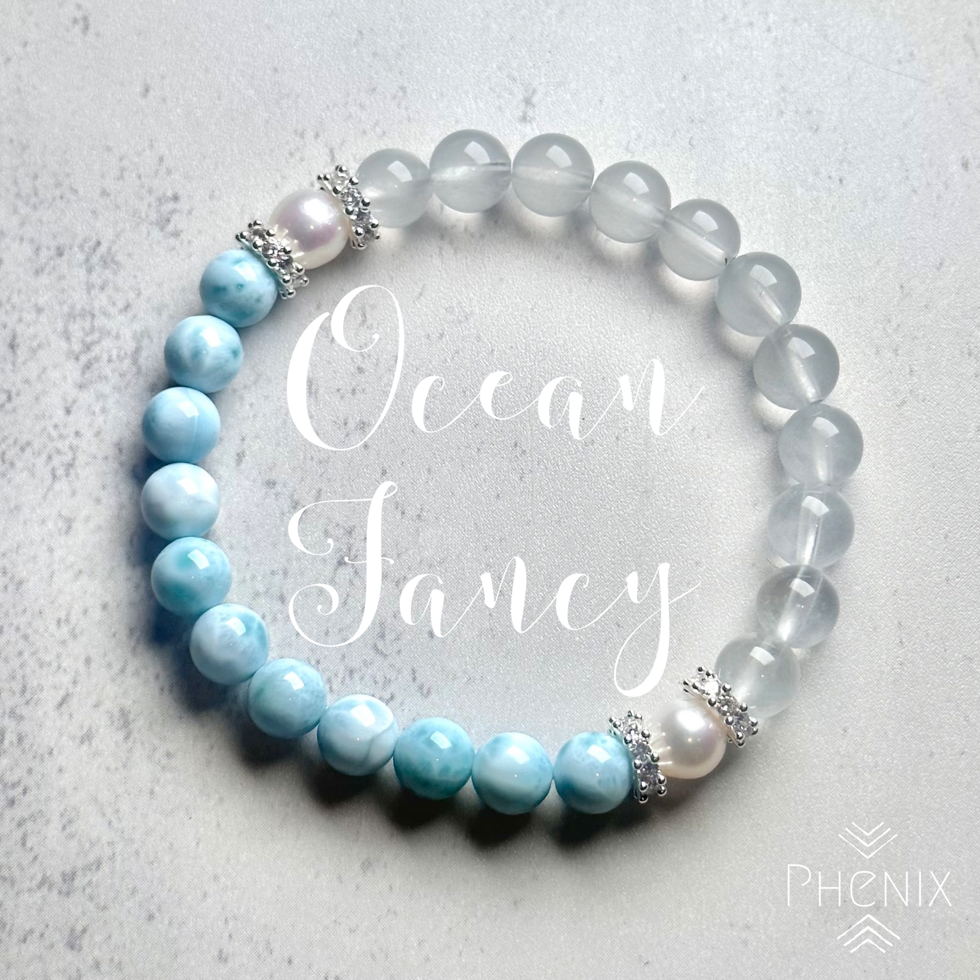 Larimar x Blue Rutilated Quartz x Pearl | 原礦 raw-crystal | 側面角度 side angle