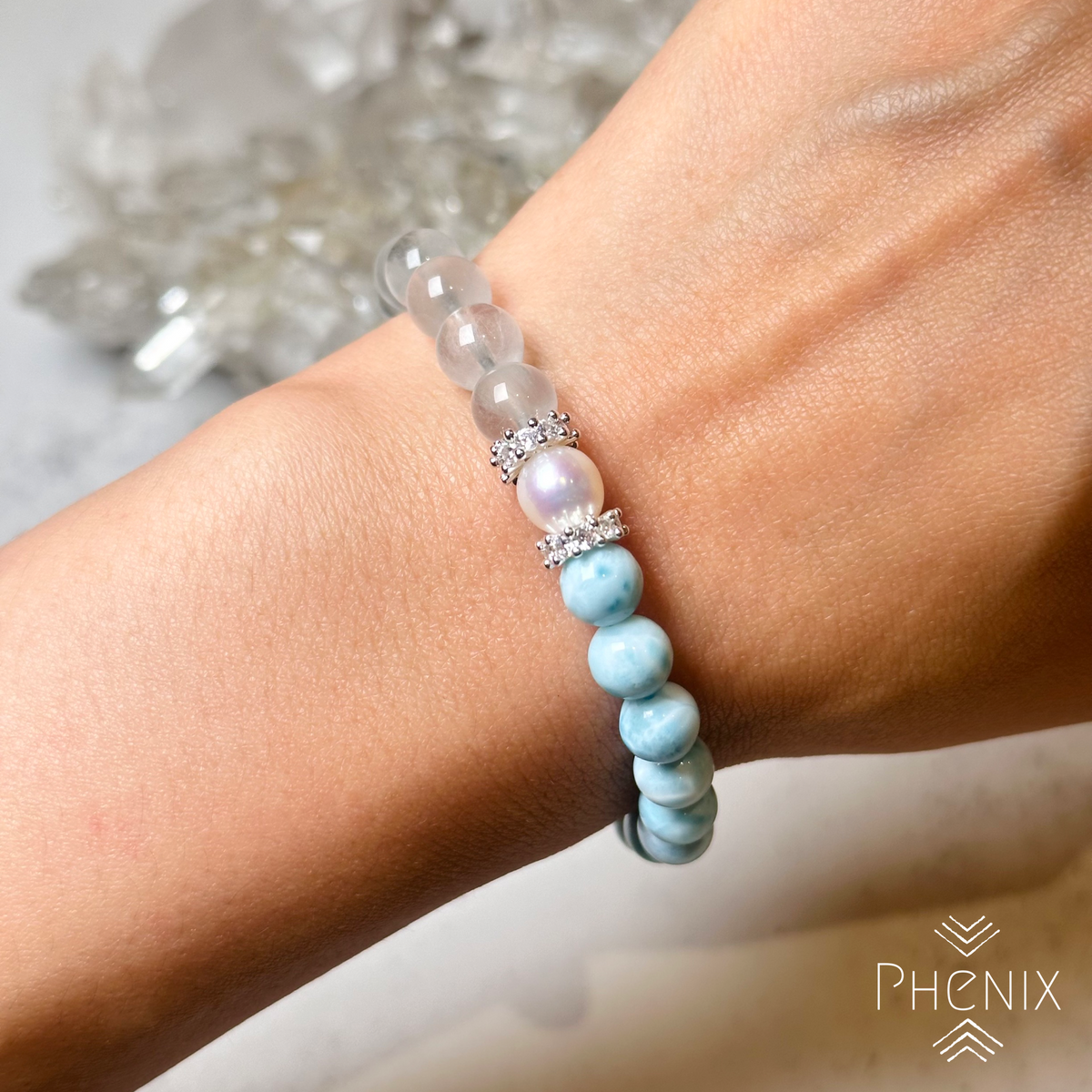 Larimar x Blue Rutilated Quartz x Pearl | 原礦 raw-crystal | 紋理特寫 texture detail