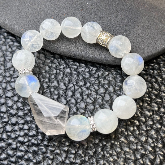 Moonstone x Rabbit Hair Quartz 月亮石x兔毛水晶 | 原礦 raw-crystal | 正面圖 front view