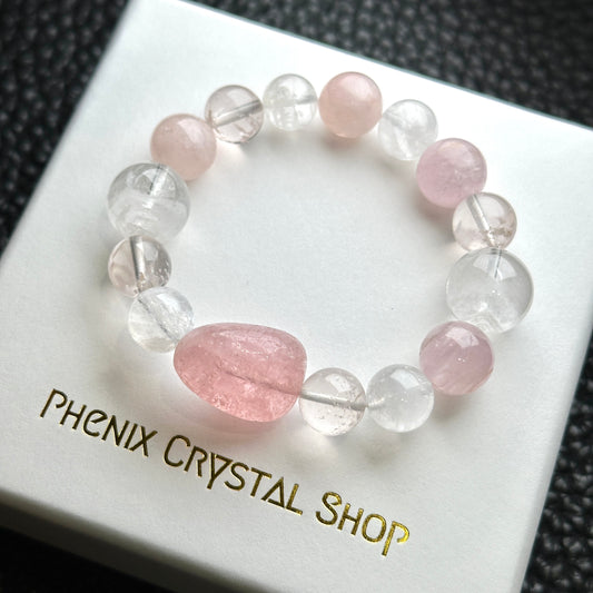 Morganite x White Phantom x Cherry Blossom Quartz Bracelet 摩根石 白幽靈 櫻花粉晶 手串 | 手串 bracelet | 正面圖 front view