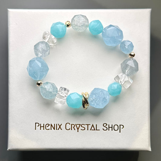 Ocean Blue海洋風手串！海藍寶x藍玉髓x天河石x白水晶 Aquamarine, Amazonite, Blue Mica Quartz and Clear Quartz | 手串 bracelet | 正面圖 front view