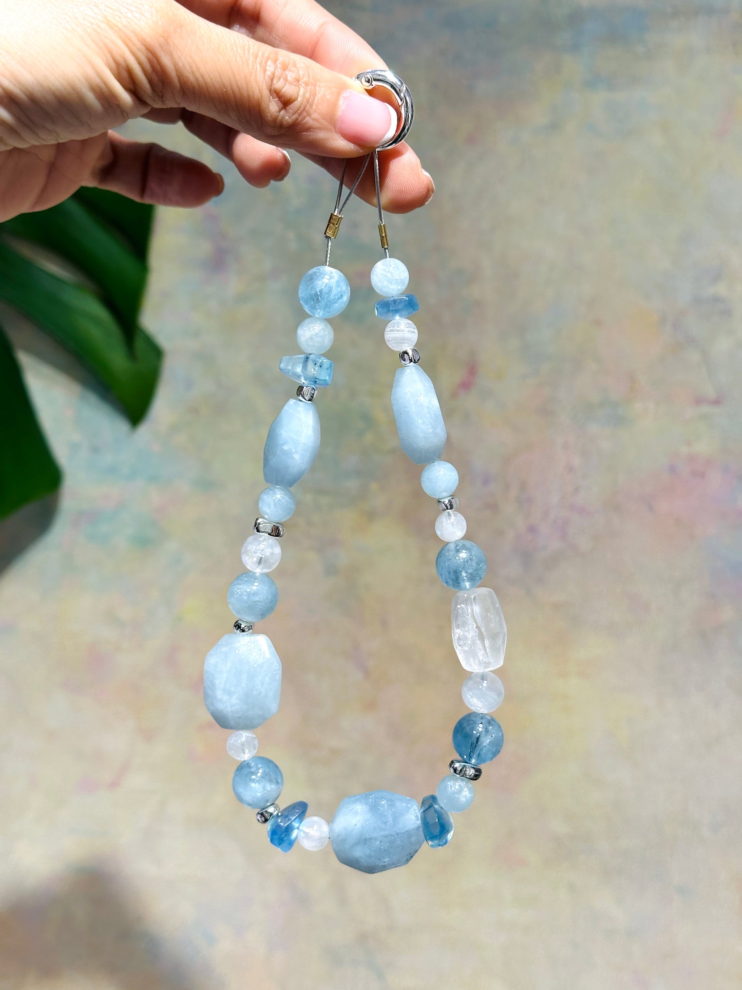 Phone Strap - Aquamarine Moonstone Clear Quartz 電話繩 | 電話繩 phone-strap | 正面圖 front view