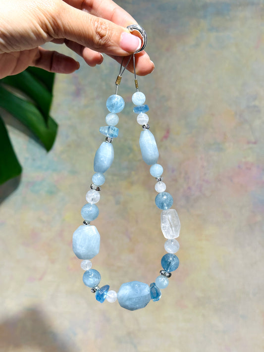 Phone Strap - Aquamarine Moonstone Clear Quartz 電話繩 | 電話繩 phone-strap | 正面圖 front view