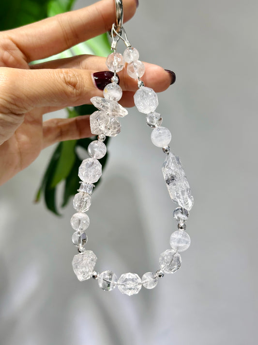 Phone Strap - Herkimer diamond White Phantom Clear Quartz | 電話繩 phone-strap | 正面圖 front view