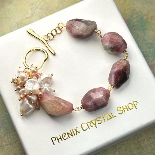 Pink Tourmaline with Pearl Bouquet Bracelet 粉紅碧璽 珍珠花束 手鏈 | 手串 bracelet | 正面圖 front view