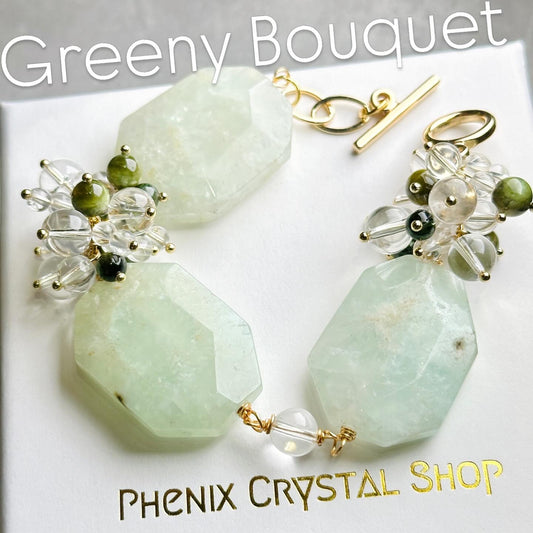Prehnite Green Tourmaline Clear Quartz Bracelet 葡萄石 綠碧璽 白水晶 手鏈 | 手串 bracelet | 正面圖 front view