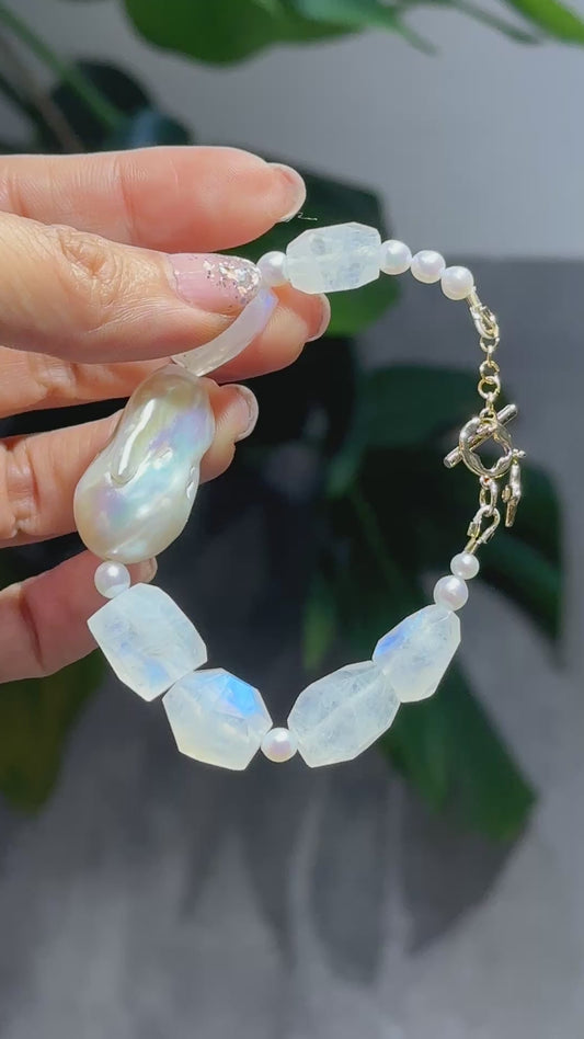 Moonstone Faceted Baroque Pearl Bracelet 月亮石 巴洛克珍珠 手鏈