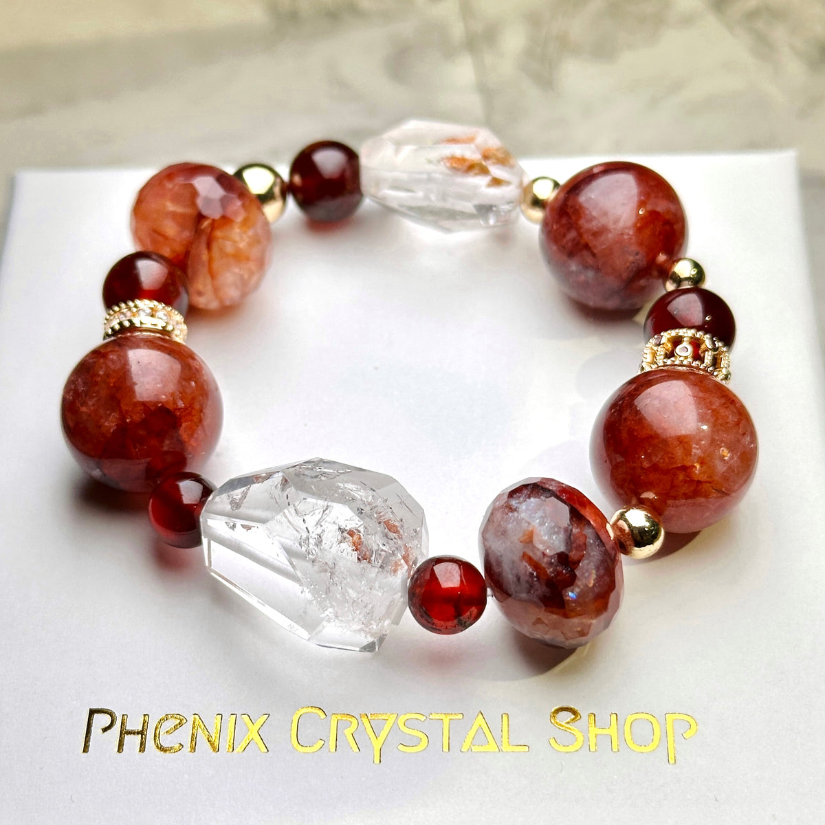 Red Hematoid Orange Garnet Skeleton Quartz Bracelet 紅錦鯉 橙石榴 骸骨水晶手串 | 手串 bracelet | 正面圖 front view