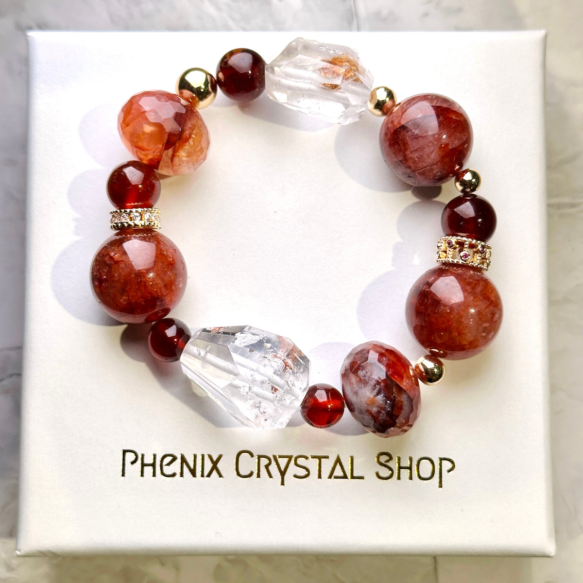 Red Hematoid Orange Garnet Skeleton Quartz Bracelet 紅錦鯉 橙石榴 骸骨水晶手串 | 手串 bracelet | 正面圖 front view