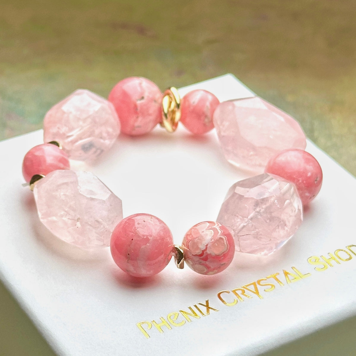 Rose Quartz x Rhodochrosite Bracelet 粉晶切割紅紋石手串 | 手串 bracelet | 正面圖 front view