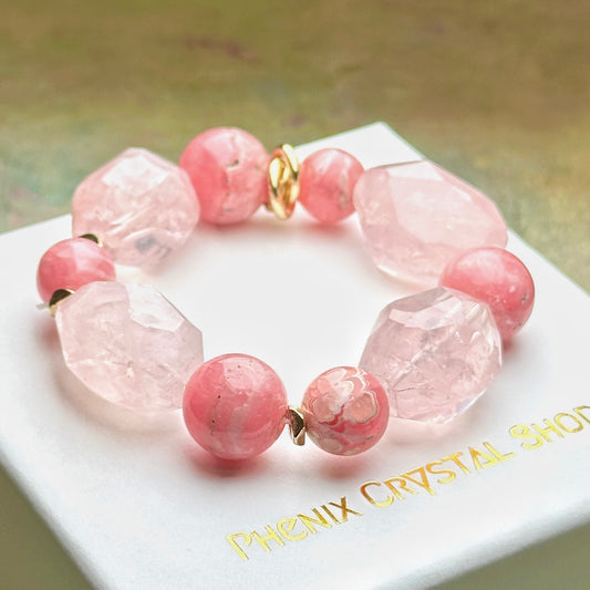 Rose Quartz x Rhodochrosite Bracelet 粉晶切割紅紋石手串 | 手串 bracelet | 正面圖 front view