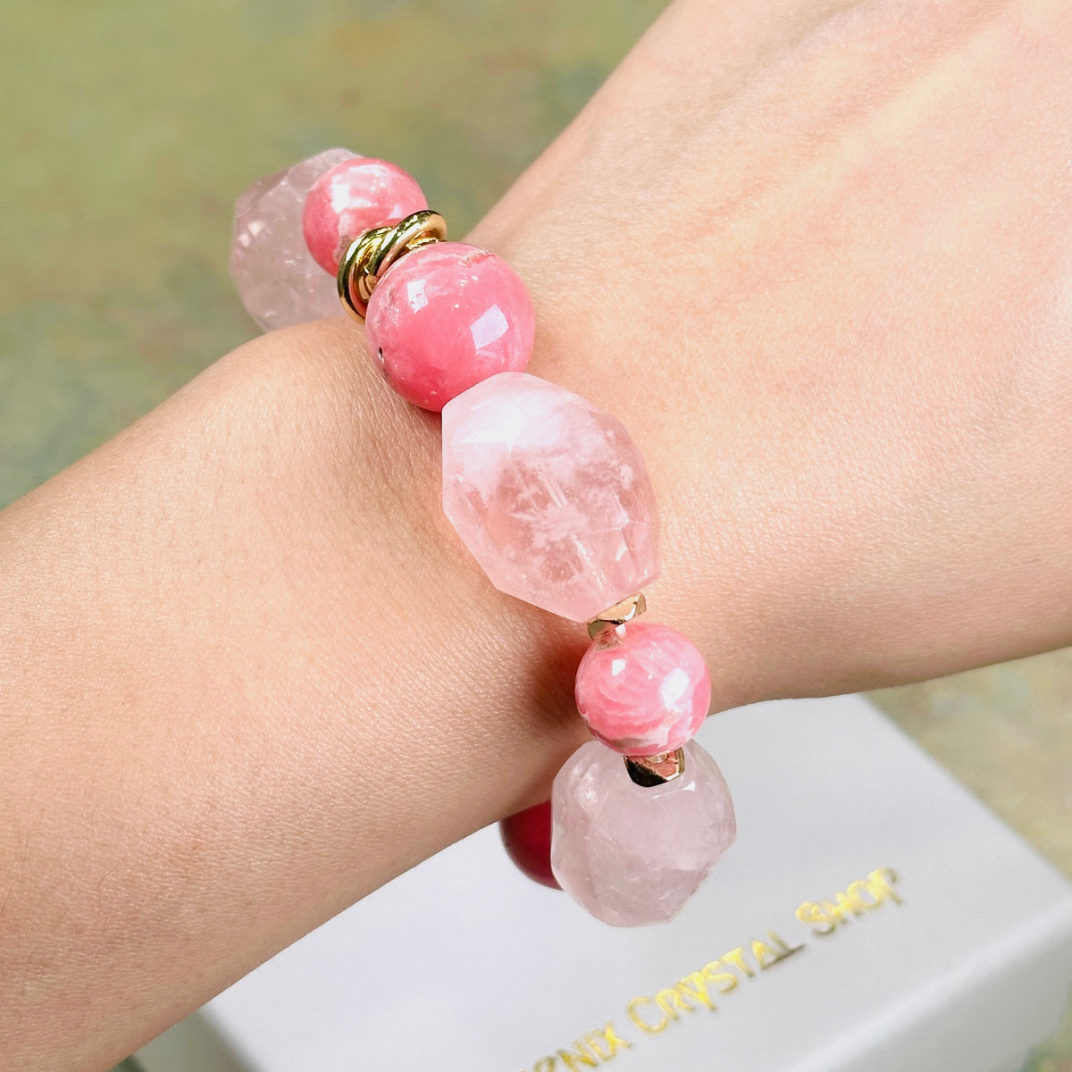 Rose Quartz x Rhodochrosite Bracelet 粉晶切割紅紋石手串 | 手串 bracelet | 側面角度 side angle