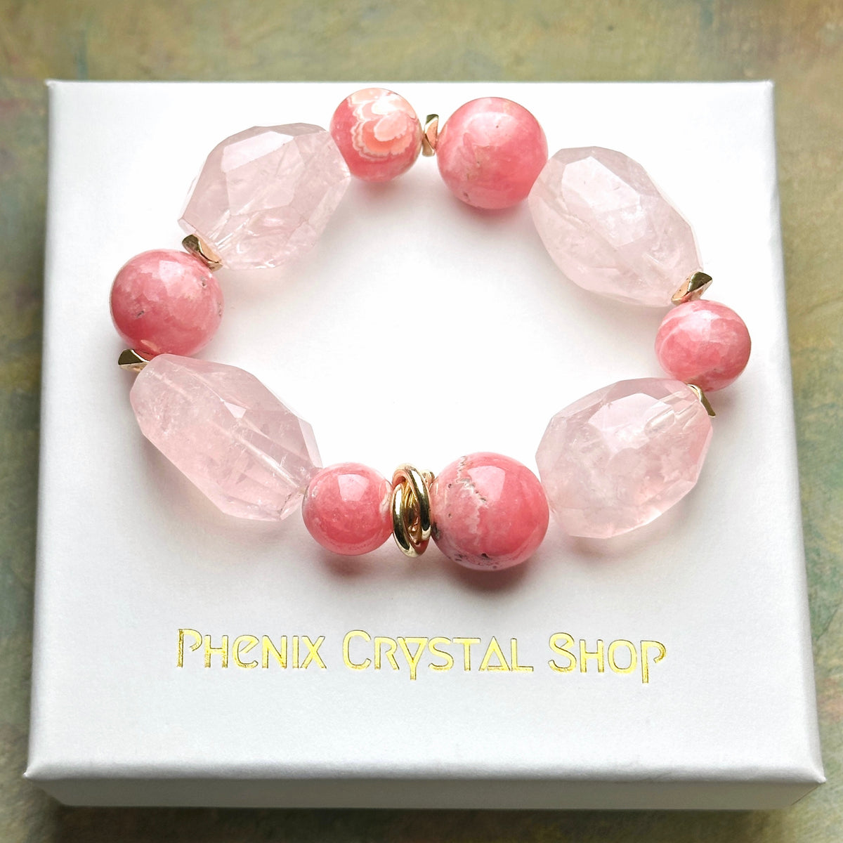 Rose Quartz x Rhodochrosite Bracelet 粉晶切割紅紋石手串 | 手串 bracelet | 紋理特寫 texture detail
