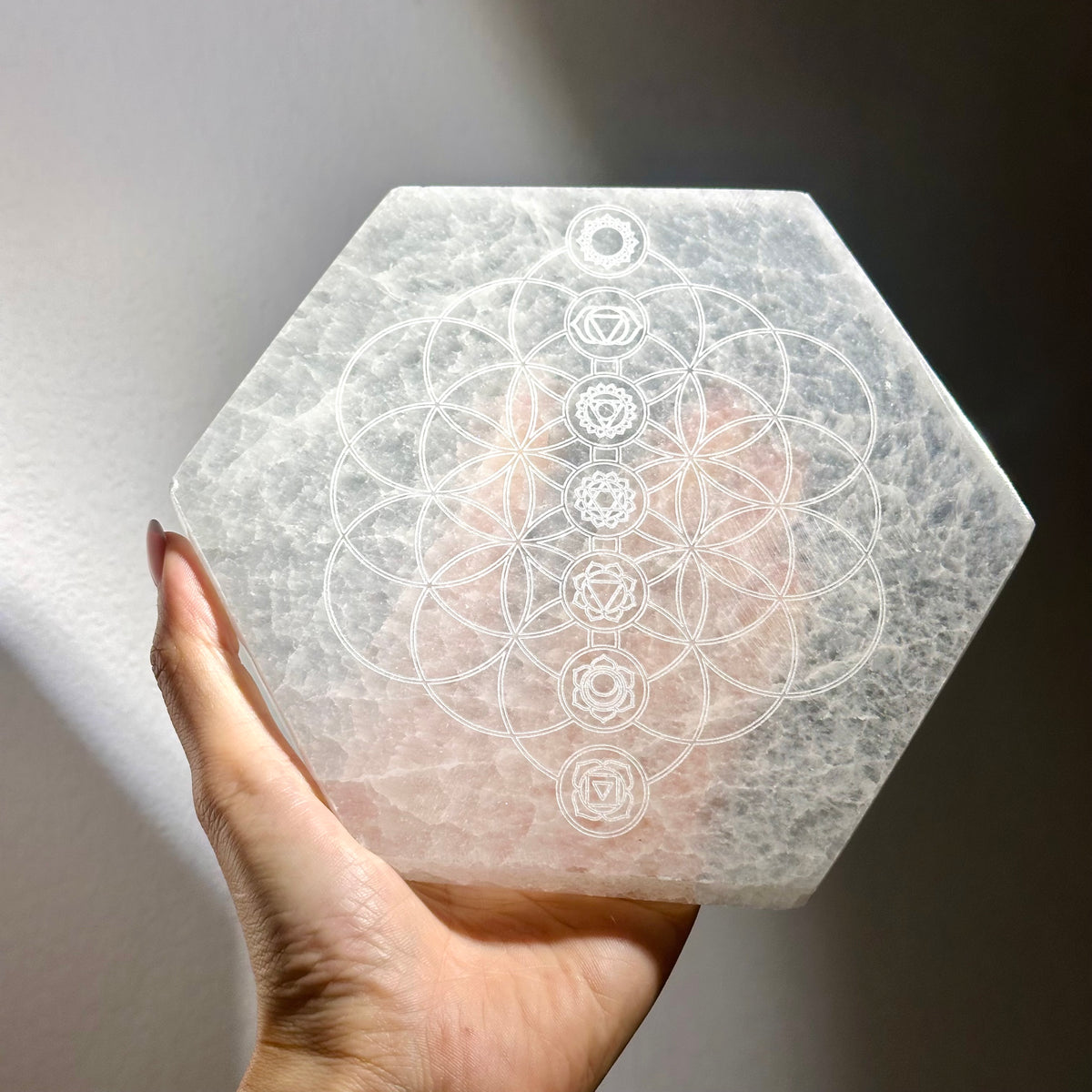 Selenite Plate 7 Chakra 七脈輪生命之花透石膏板 | 板 plate | 正面圖 front view