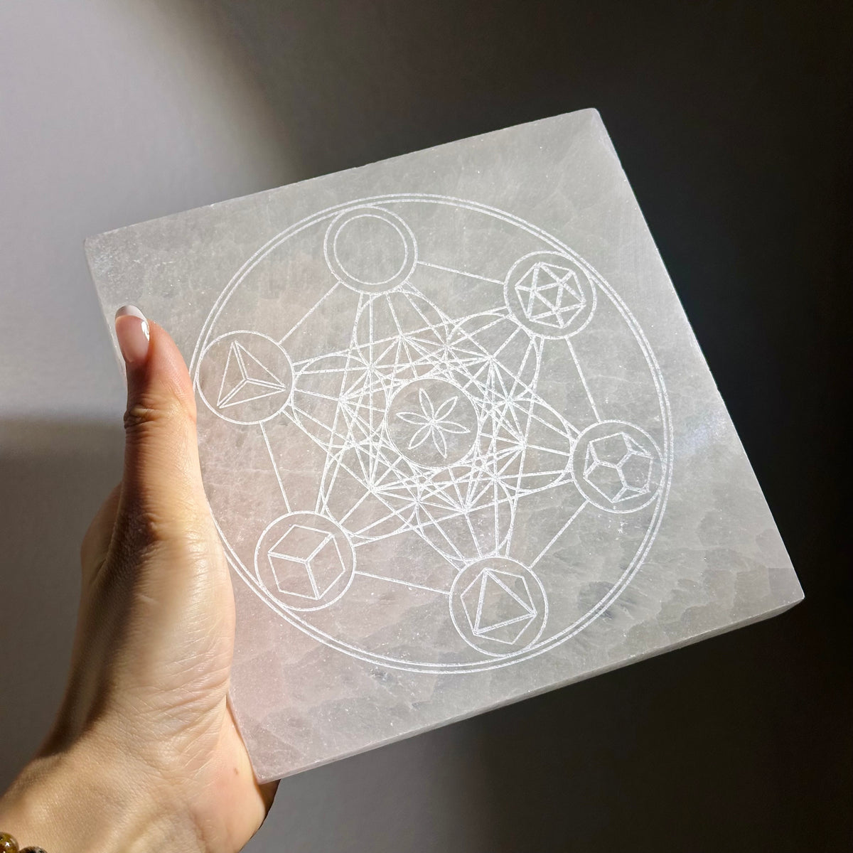 Selenite Plate Metatron's Cube 透石膏板 麥達昶立方體 | 板 plate | 正面圖 front view
