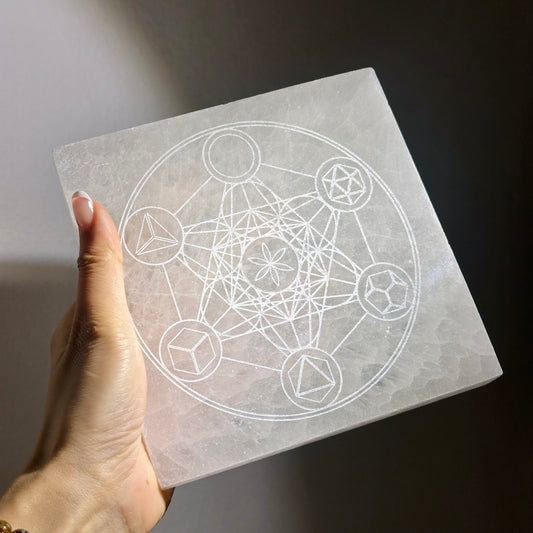 Selenite Plate Metatron's Cube 透石膏板 麥達昶立方體 | 板 plate | 正面圖 front view
