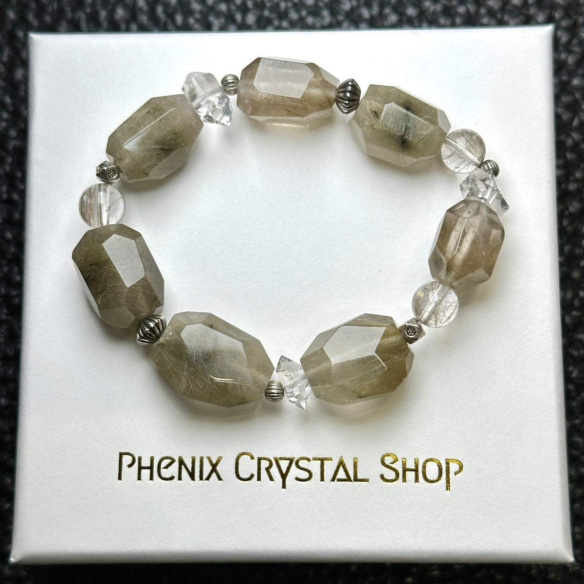 Silver Rutilated Quartz x Herkimer Diamond Bracelet 魔鬼銀髮晶x閃靈鑽手串 | 手串 bracelet | 正面圖 front view