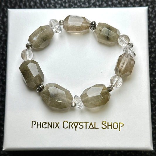 Silver Rutilated Quartz x Herkimer Diamond Bracelet 魔鬼銀髮晶x閃靈鑽手串 | 手串 bracelet | 正面圖 front view