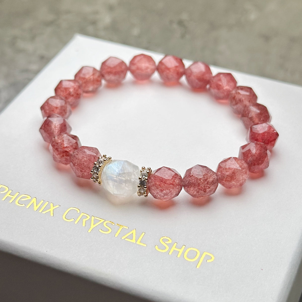 Strawberry Quartz x Moonstone 草莓晶x月亮石 | 原礦 raw-crystal | 正面圖 front view