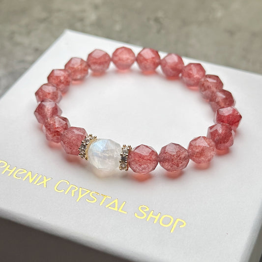 Strawberry Quartz x Moonstone 草莓晶x月亮石 | 原礦 raw-crystal | 正面圖 front view