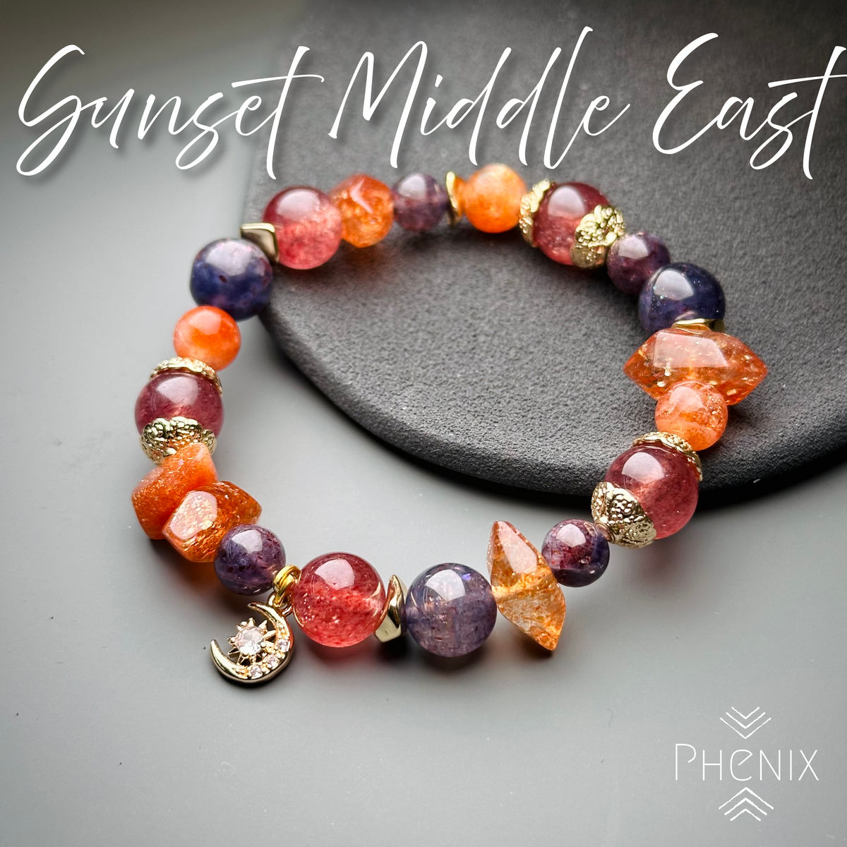Sunstone Iolite Strawberry Quartz Bracelet 金太陽 堇青 草莓晶 手串 | 手串 bracelet | 正面圖 front view