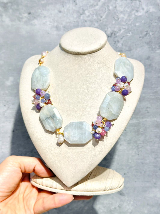 White Moonstone & Violet Bouquet Design Bracelet 白月亮石 紫色小花束 設計項鏈 | 項鏈 necklace | 正面圖 front view