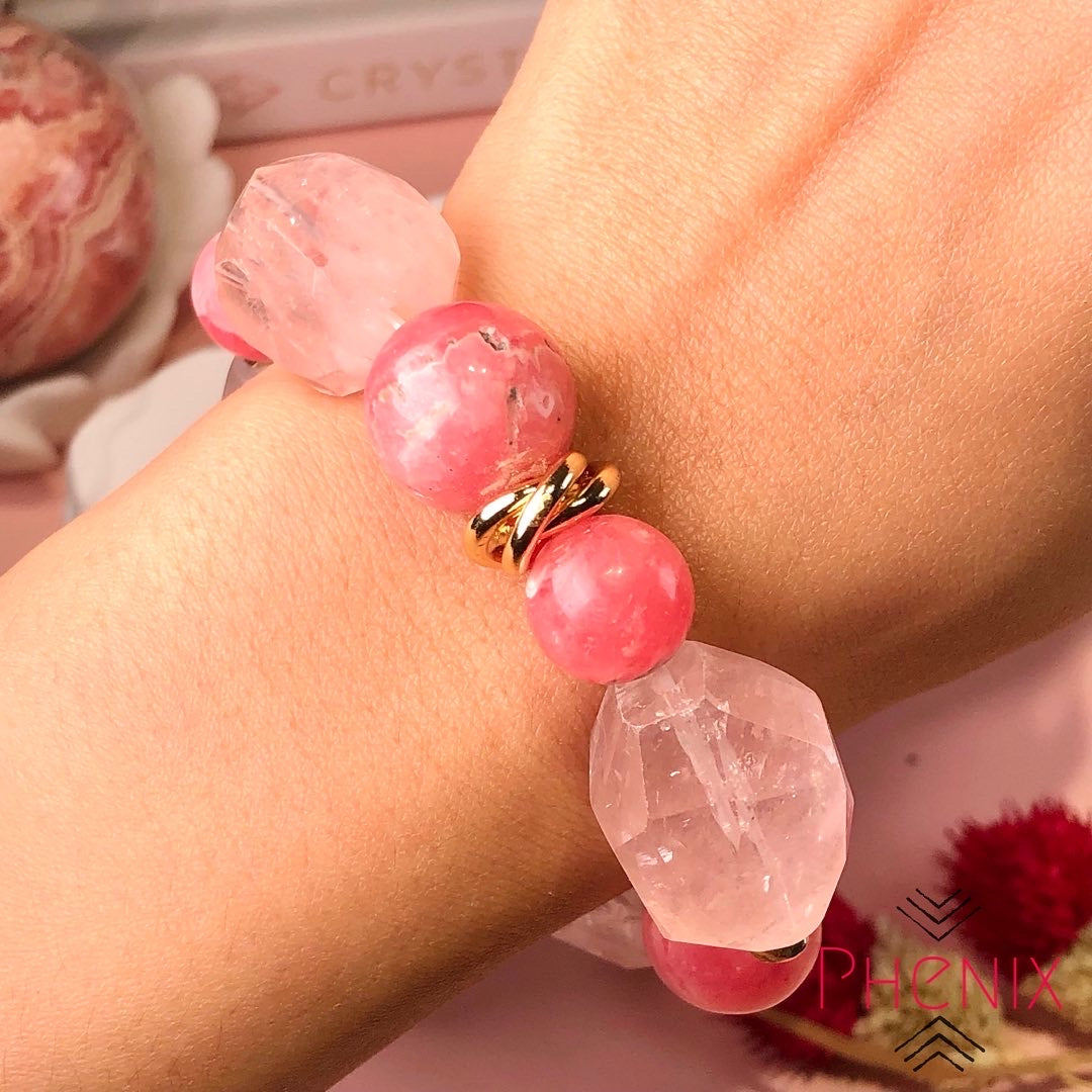 Faceted Rose Quartz Rhodochrosite Bracelet 粉晶 紅紋 水晶手鏈